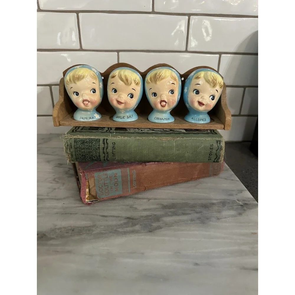 Vtg Napco Miss Cutie Pie Blue Spice Shaker Set Paprika Allspice Cinnamon Garlic